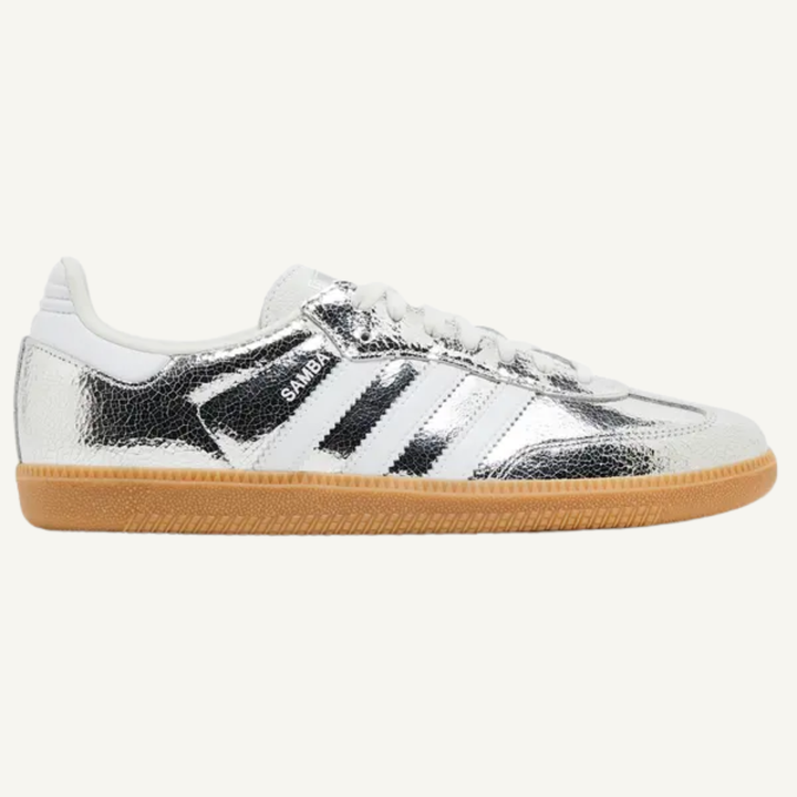 Adidas Originals Women's Silver Cracked Leather Samba OG Sneakers, JR0035