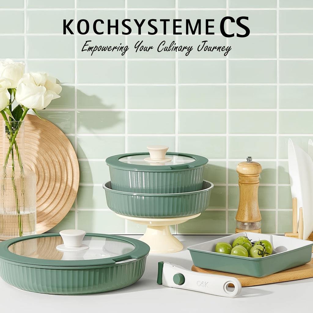 12pcs\u002F5pcs Nonstick Cookware Set with Ceramic Coating & Detachable Handle - Induction Suitable for Stovetops, Stackable Pots and Pans, for RV, Boiling, Frying, Sauce Making - Removable Handle for Use