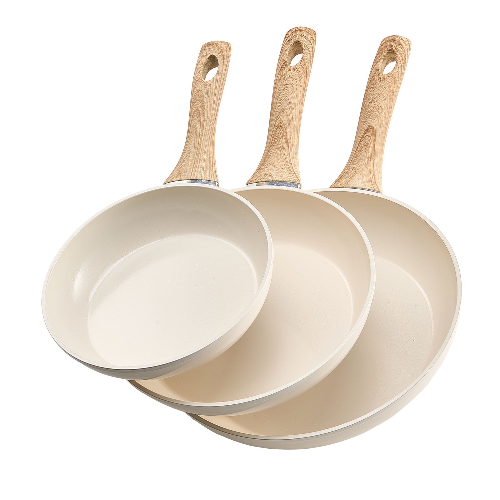 3 Piece Frying Pan Aluminum Skillet Set 8 9.5 11 in Handle Pre-Seasoned Beige
