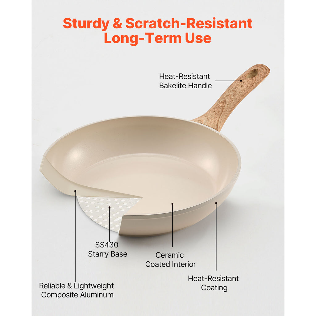 3 Piece Frying Pan Aluminum Skillet Set 8 9.5 11 in Handle Pre-Seasoned Beige