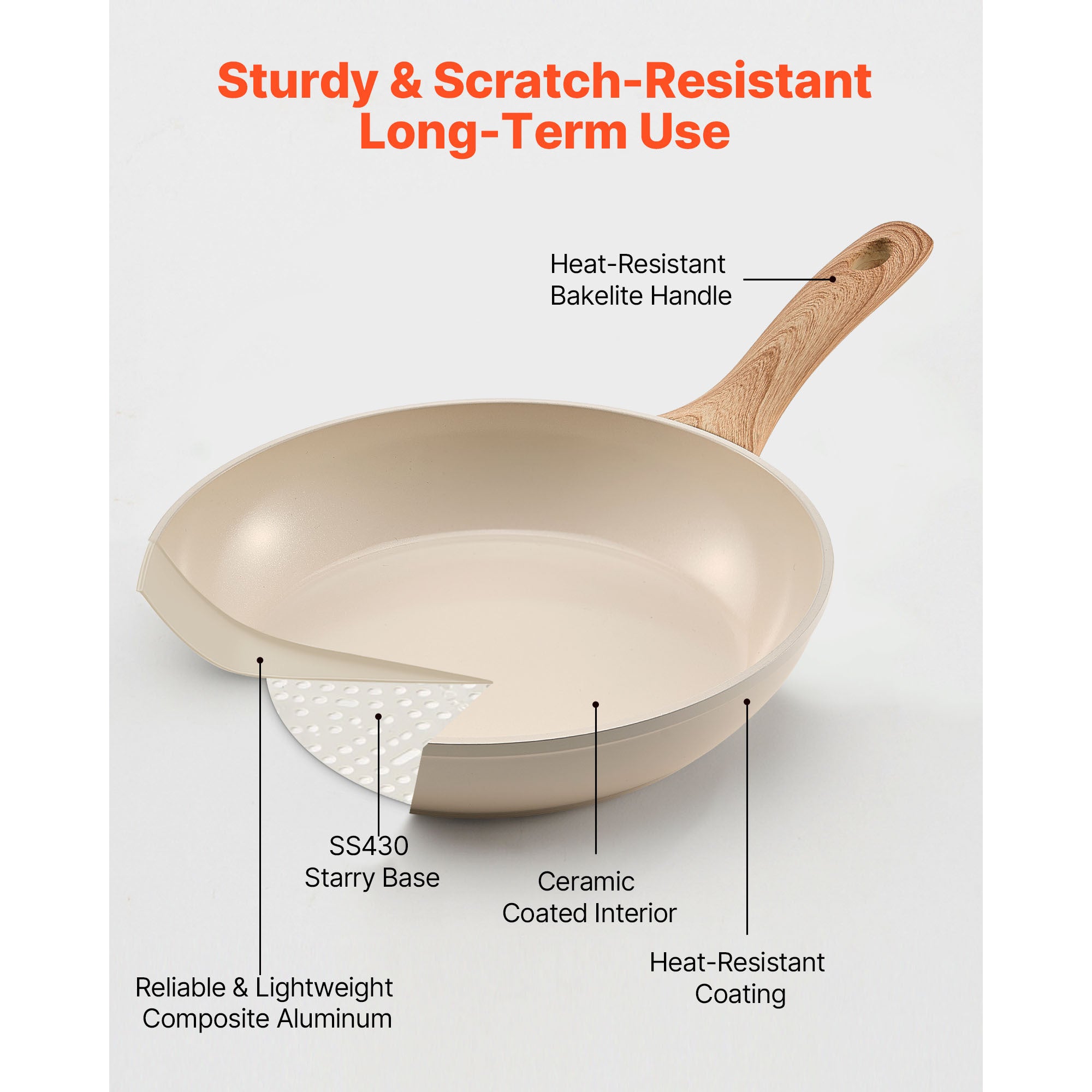 3 Piece Frying Pan Aluminum Skillet Set 8 9.5 11 in Handle Pre-Seasoned Beige