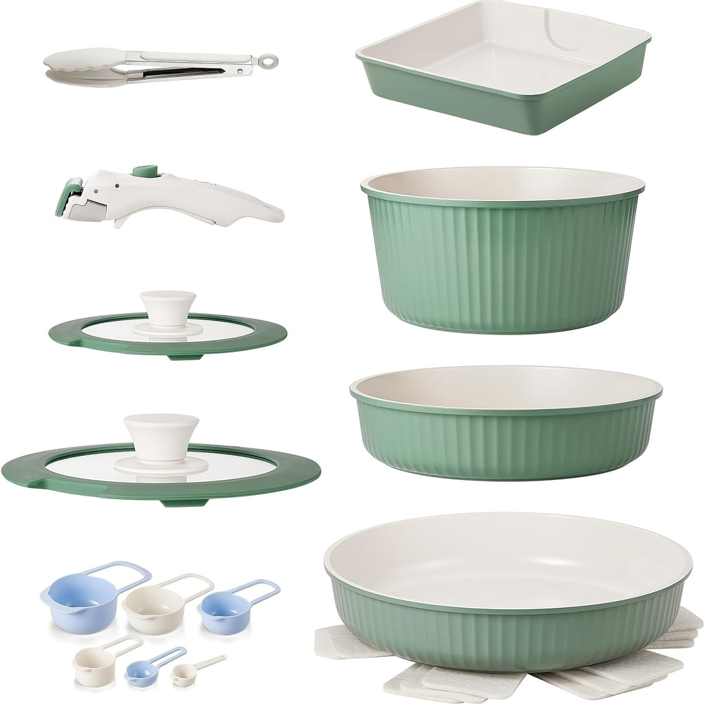 12pcs\u002F5pcs Nonstick Cookware Set with Ceramic Coating & Detachable Handle - Induction Suitable for Stovetops, Stackable Pots and Pans, for RV, Boiling, Frying, Sauce Making - Removable Handle for Use