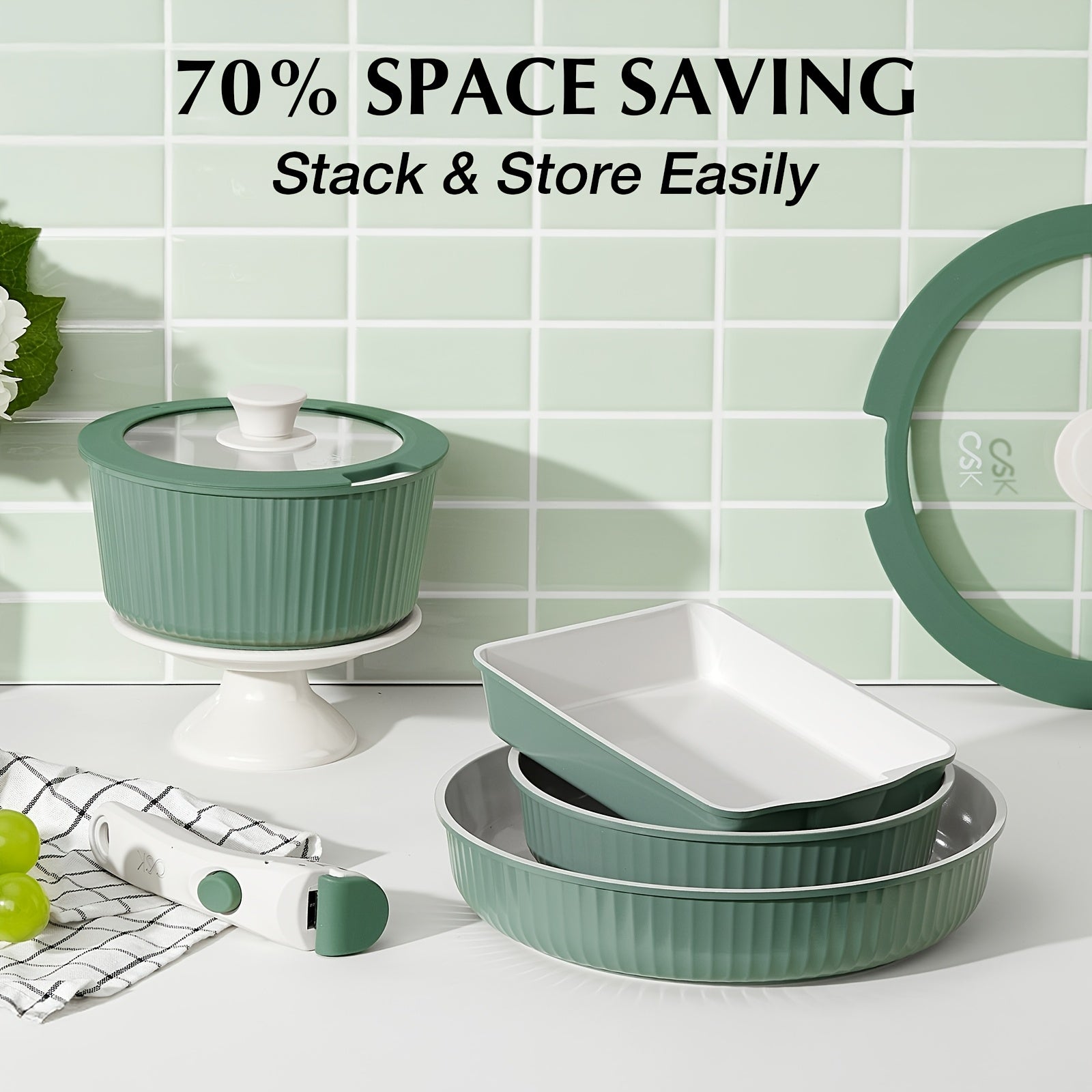 12pcs\u002F5pcs Nonstick Cookware Set with Ceramic Coating & Detachable Handle - Induction Suitable for Stovetops, Stackable Pots and Pans, for RV, Boiling, Frying, Sauce Making - Removable Handle for Use