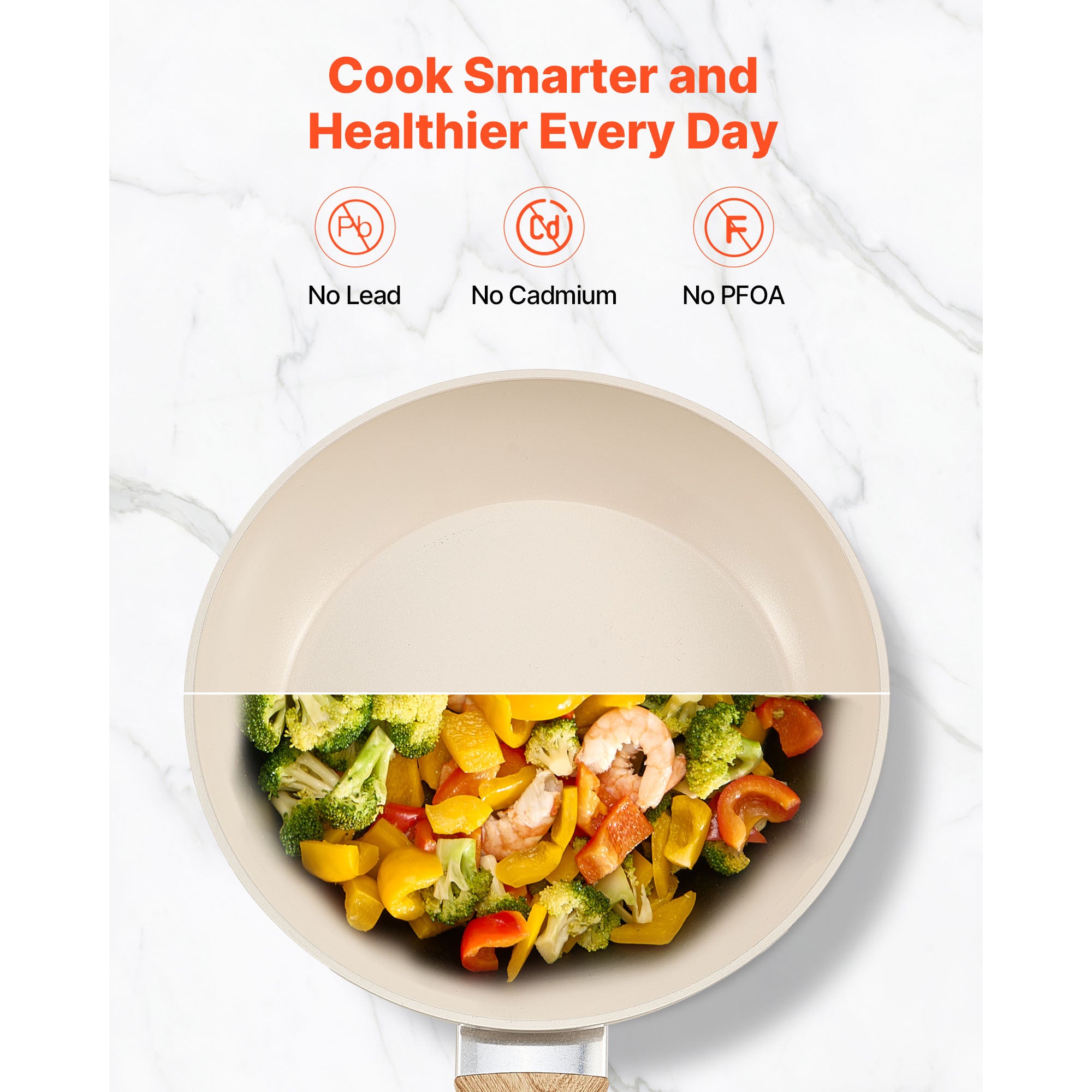 3 Piece Frying Pan Aluminum Skillet Set 8 9.5 11 in Handle Pre-Seasoned Beige