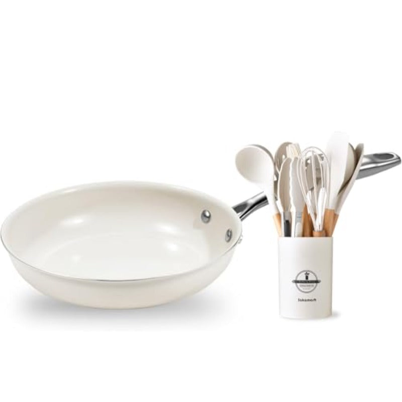 omcriWorry-Free Cooking with Ceramic Frying Pan and Scratch-Safe Silicone Utensil Set